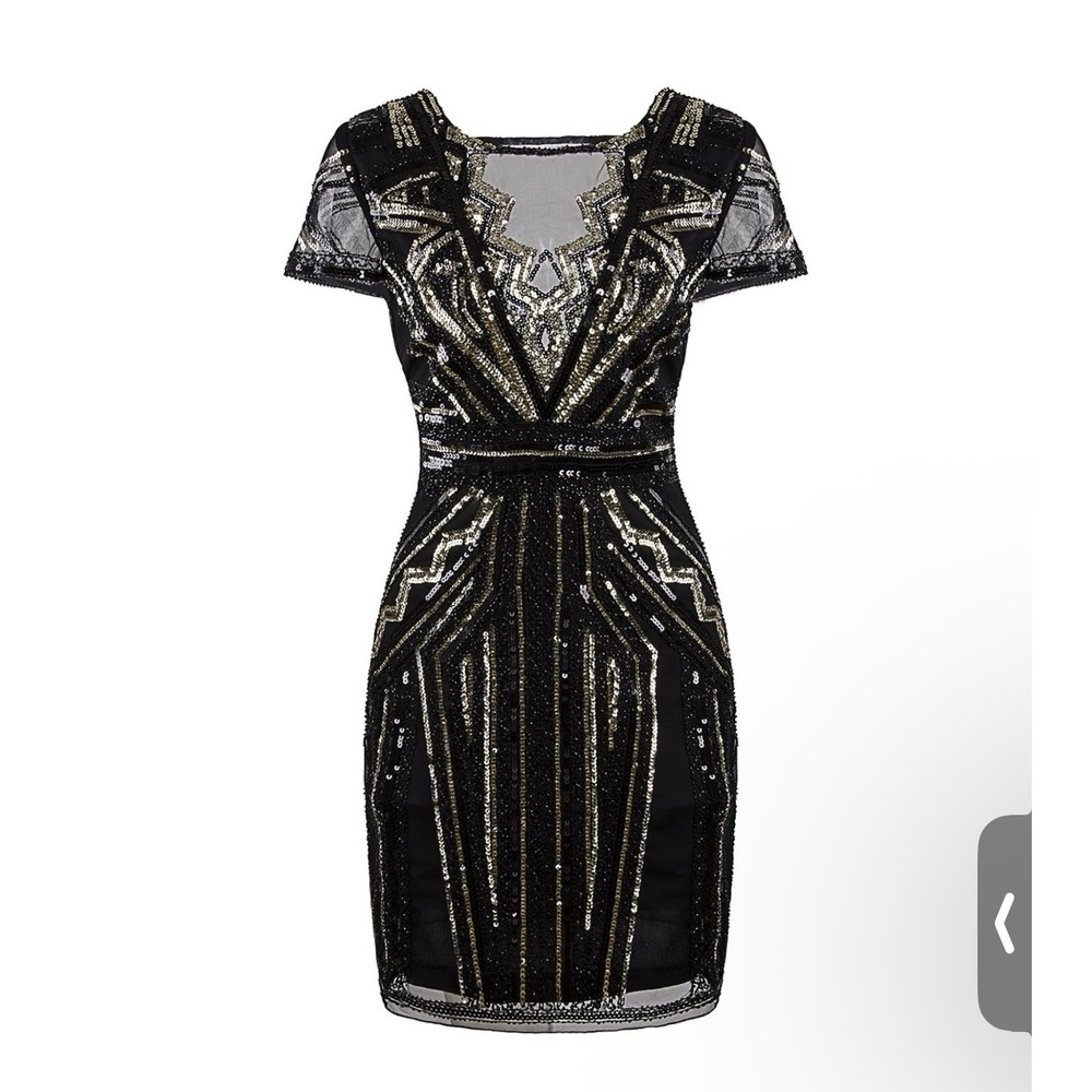 Black Gold Sequin Art Deco Gatsby Cocktail Dress Cap Sleeve Bodycon Mini